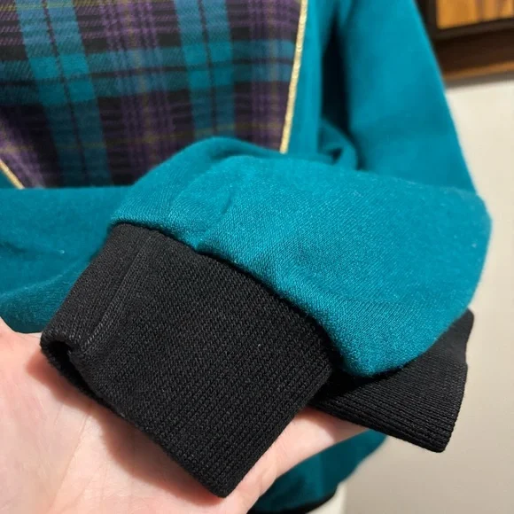 Vintage 80s 90s Sweatshirt Teal Plaid Color Block Pullover Size Small - Picture 5 of 5